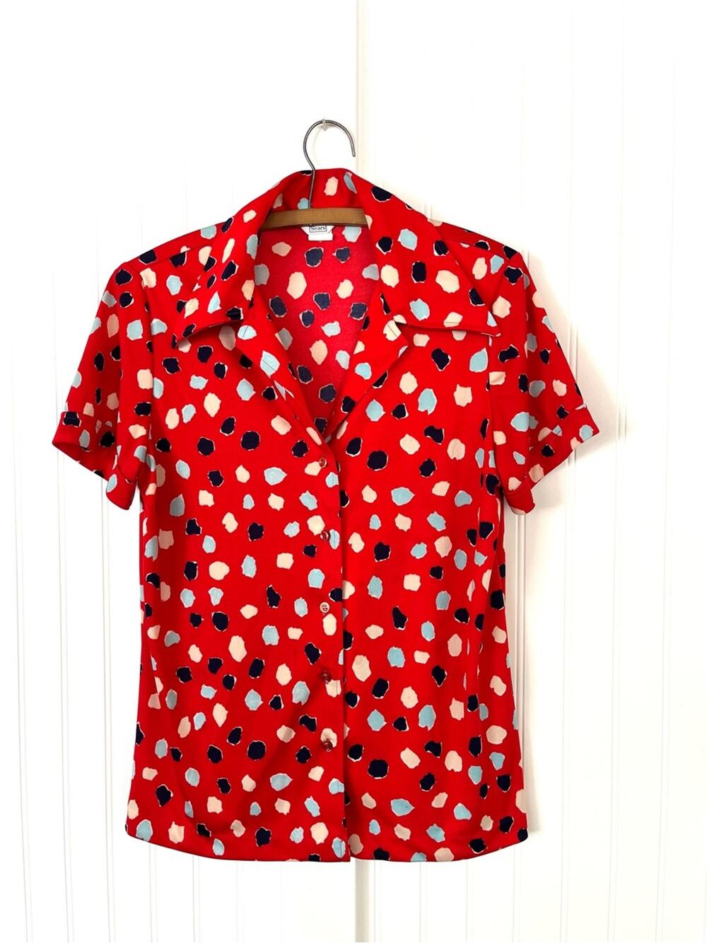 Vintage 1970s Sears Red Polka Dot Print Button-Up Shirt Women's Large Colorful